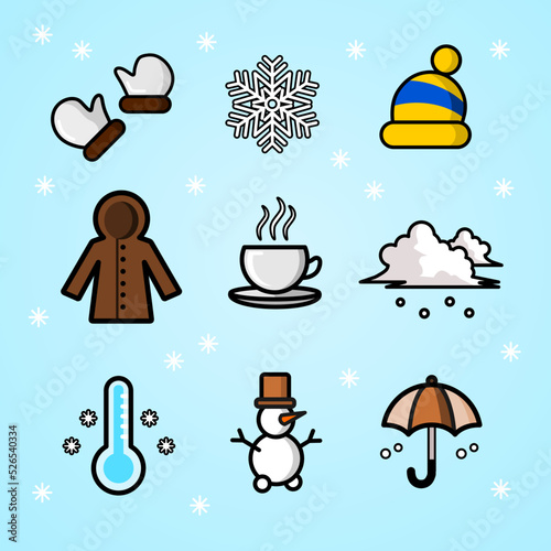 Winter Icon Set with Stroke, With 9 icons namely Winter Gloves, Snowflakes, Winter Hat, Coat, Hot Coffee, Winter Clouds, Cold Temperature, Snowman, Umbrella