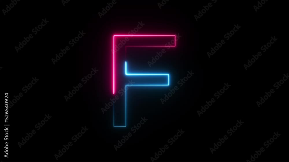 Bright neon glowing light blue pink letter F. Seamless looping animation on black background Bright neon glowing light blue pink letter F. Seamless looping animation on black background