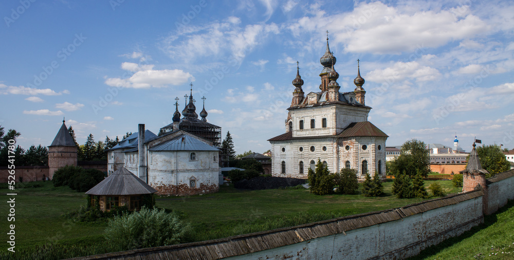 Beautiful panorama of the old Kremlin with historical churches and a stone fortress wall in Yuriev-Polsky, Vladimir region, Russia