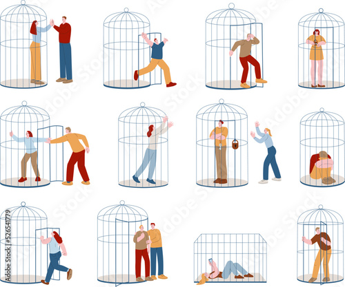 People in cages. Cage limit woman life, personal independence and subdued oppressed kicky person. Feeling freedom, mental health. Open close door vector set