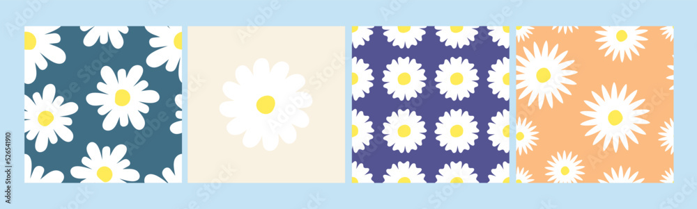 White chamomile seamless pattern and cards. Daisy flowers postcards design, floral groovy print template. Various meadow plants vector background White chamomile seamless pattern and cards. Daisy flowers postcards design, floral groovy print template. Various meadow plants vector background