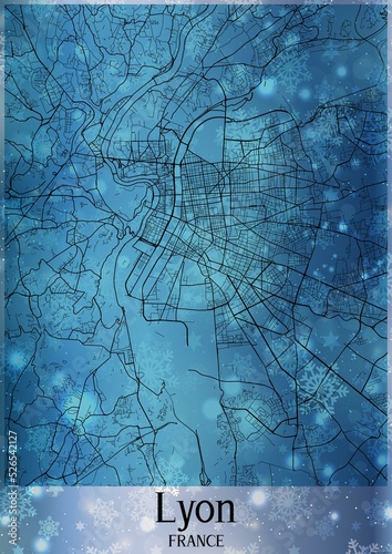 Christmas background, Chirstmas map of Lyon France, greeting card on blue background.