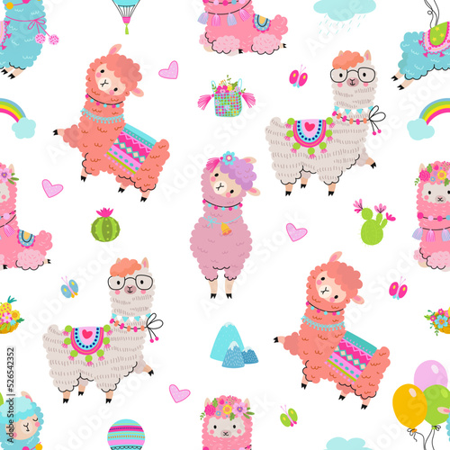 Cartoon alpaca and cacti seamless pattern. Cactus party, funny llama scandinavian fabric print. Trendy positive girly background, baby nowaday vector texture