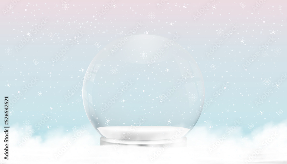 Happy New Year and Merry Christmas background. Xmas Snowball with on snow,Magic Glass snow globe 3d design,Vector backdrop luxury banner for Winter holiday card,Christmas sale season,Discount Happy New Year and Merry Christmas background. Xmas Snowball with on snow,Magic Glass snow globe 3d design,Vector backdrop luxury banner for Winter holiday card,Christmas sale season,Discount