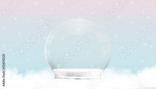 Happy New Year and Merry Christmas background. Xmas Snowball with  on snow,Magic Glass snow globe 3d design,Vector backdrop luxury banner for Winter holiday card,Christmas sale season,Discount