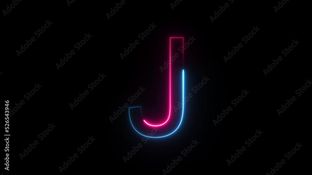 Bright neon glowing light blue pink letter J. Seamless looping animation on black background