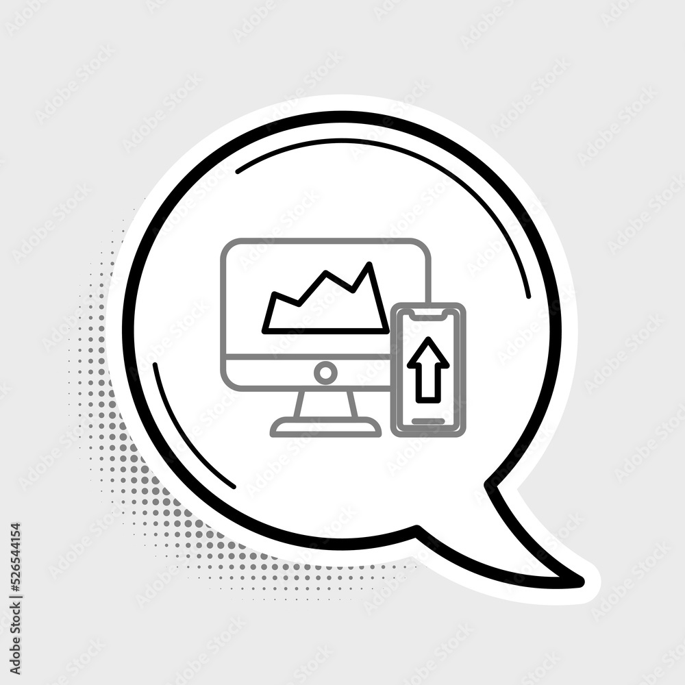 Line Financial chart or graph on the computer monitor and mobile phone icon isolated on grey background. Strategy, planning, data, investment. Colorful outline concept. Vector Line Financial chart or graph on the computer monitor and mobile phone icon isolated on grey background. Strategy, planning, data, investment. Colorful outline concept. Vector