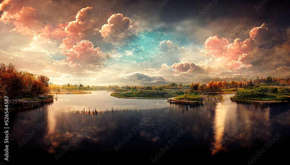 sunset at coast of the lake. Nature landscape. Nature in northern Europe. reflection, landscape during sunset. 3d render, Raster illustration.