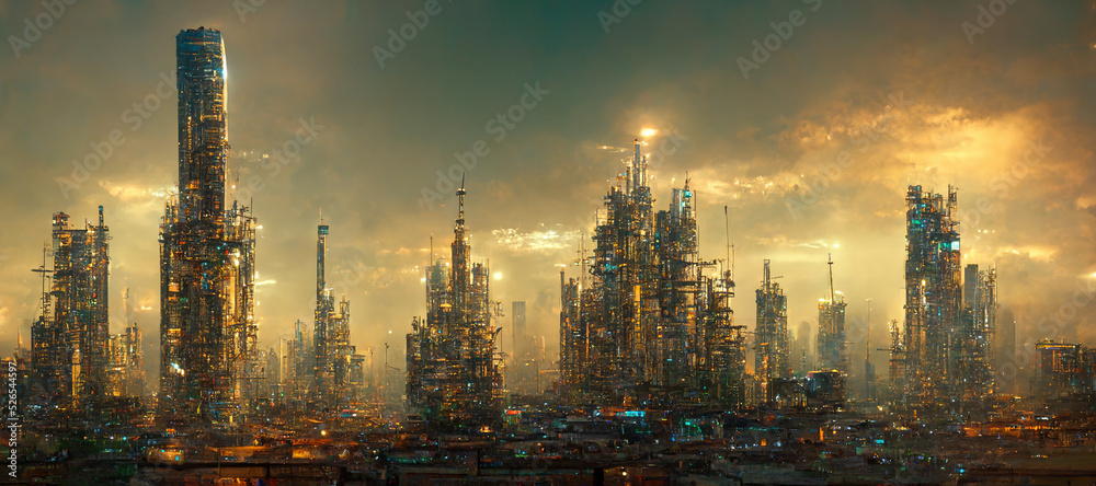 design of sunset in city with a steampunk theme   concept of future of steampunk , factory city abstract illustation design