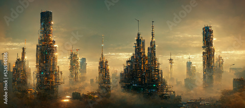 design of sunset in city with a steampunk theme concept of future of steampunk , factory city abstract illustation design