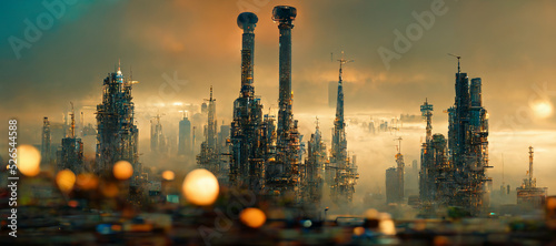 Print op canvas design of sunset in city with a steampunk theme   concept of future of steampunk