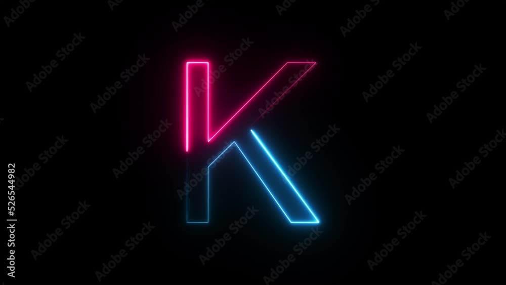 Bright neon glowing light blue pink letter K. Seamless looping animation on black background Bright neon glowing light blue pink letter K. Seamless looping animation on black background