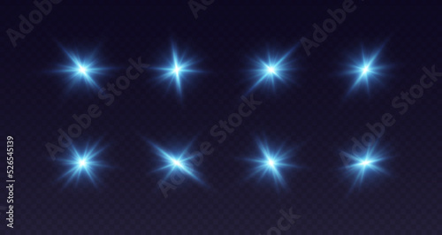 Blue lens flare, glowing star with rays, shiny flash spark, bright cosmic explosion isolated on black. Vector illustration.