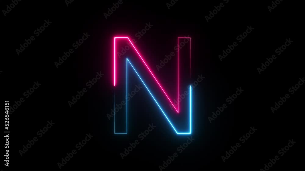 Bright neon glowing light blue pink letter N. Seamless looping animation on black background Bright neon glowing light blue pink letter N. Seamless looping animation on black background