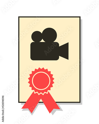 Diploma and certificate from film school - official certification of education, studium and skill in cinematography, motion picture, movie, cinema and video. Vector illustration isolated on white.