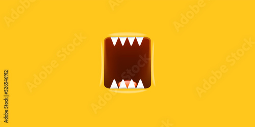 Vector Cartoon wide open monster mouth with fangs isolated on orange background. Funny and cute green Halloween Monster open mouth with big white teeth and pink tongue