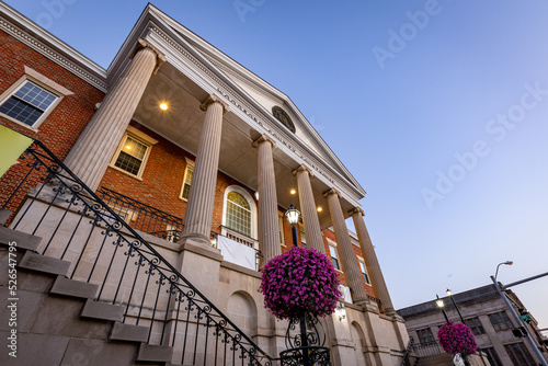 Balls of purple flowers blooming in front of Woodford county courthouse in Versailles, KY photo