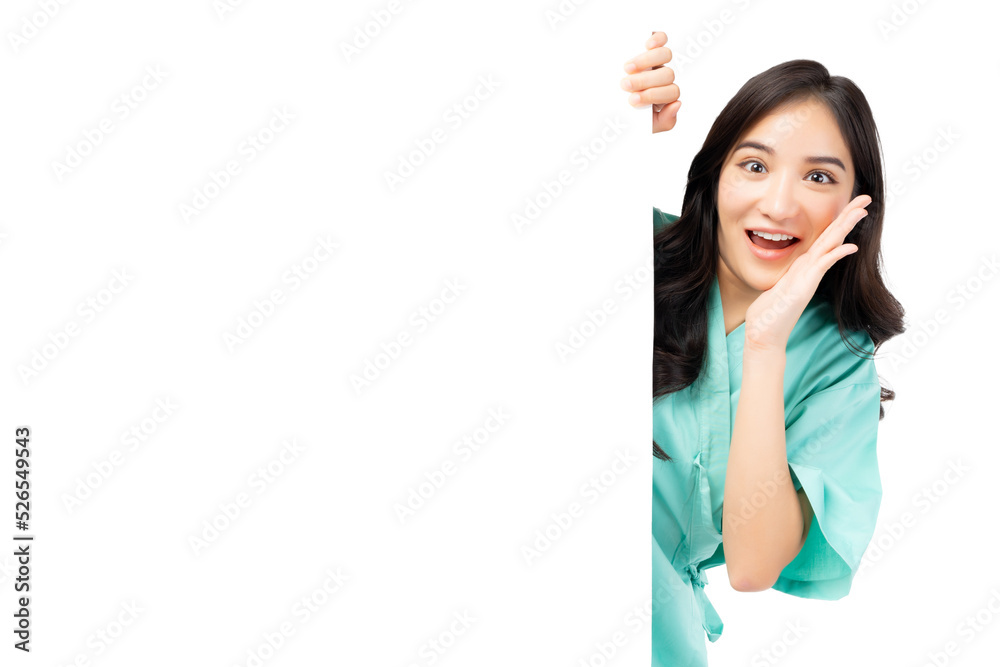 Amazed asian woman hiding behind white wall with blank space isolated on white background Patient girl peeping out a side of white Advertising Board For Text Design or Advertisement Smiling Lady shout Amazed asian woman hiding behind white wall with blank space isolated on white background Patient girl peeping out a side of white Advertising Board For Text Design or Advertisement Smiling Lady shout