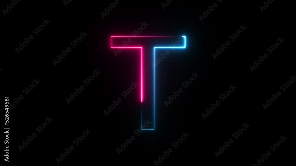 Bright neon glowing light blue pink letter T. Seamless looping animation on black background Bright neon glowing light blue pink letter T. Seamless looping animation on black background