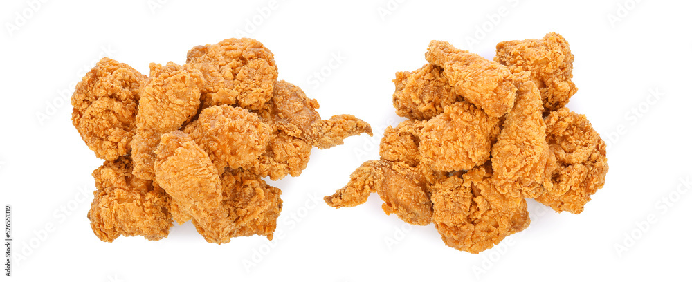 Heap of fried chicken isolated on white background. Top view Heap of fried chicken isolated on white background. Top view