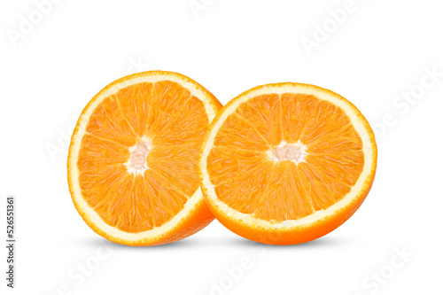 Slices of orange fruit isolated on white background.