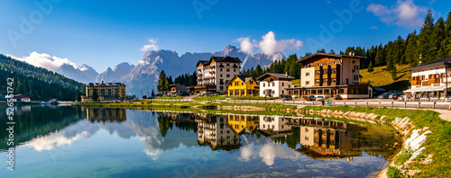 Amazing panoramic view of Misurina Lake and mountain range. Location: Lake Misurina, Dolomites Alps, South Tyrol, Italy, Europe. Artistic picture. Beauty world. Nature Landscape. photo