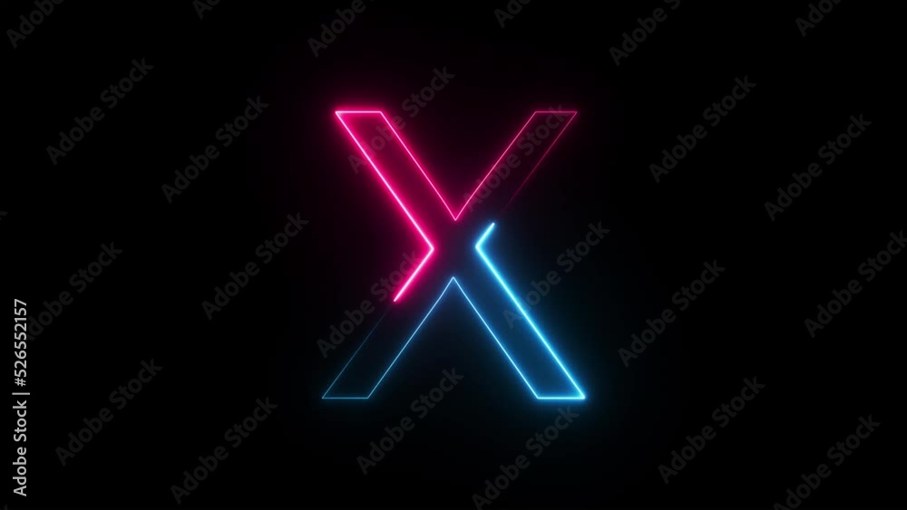 Bright neon glowing light blue pink letter X. Seamless looping animation on black background Bright neon glowing light blue pink letter X. Seamless looping animation on black background