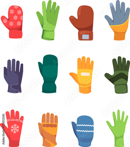 Colored gloves. Leather and knitted winter fashioned cold seasonal wear garish vector cartoon set isolated