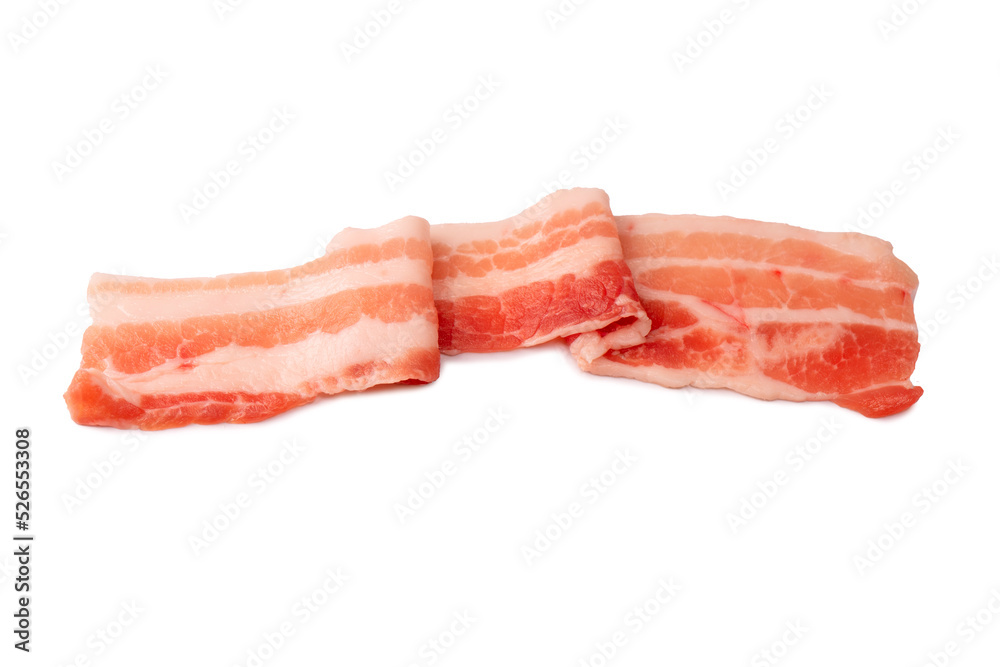 Raw bacon slices isolated on a white background. Raw bacon slices isolated on a white background.
