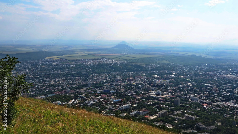 Mountain landscapes. Panoramic view from Mount Mashuk to Mount Lysuya and the surrounding landscape. Pyatigorsk, North Caucasus, Russia.