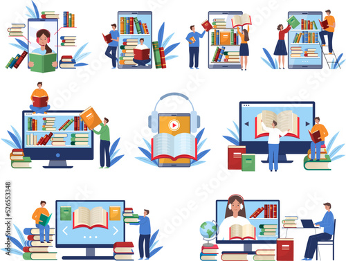 Online education. Distance smartphone library technology students listen and reading audio books recent vector flat concept pictures set