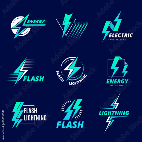 Lightning bolt logo. Electricity and flash symbols power emblem strong force thunderbolts recent vector badges templates with place for text