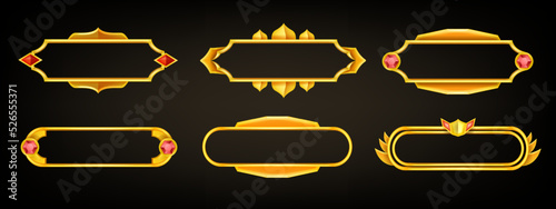 Golden game vector frame set, UI medieval interface badge, ancient royal border kit RPG  elements. 3D tile menu object, shiny gemstone fantasy cartoon title design. Viking game frame asset collection