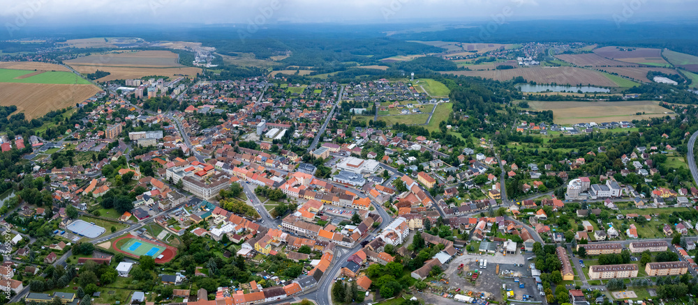 Aerial view of the city Nové Strašeci in the czech Republic on a rainy summer day.