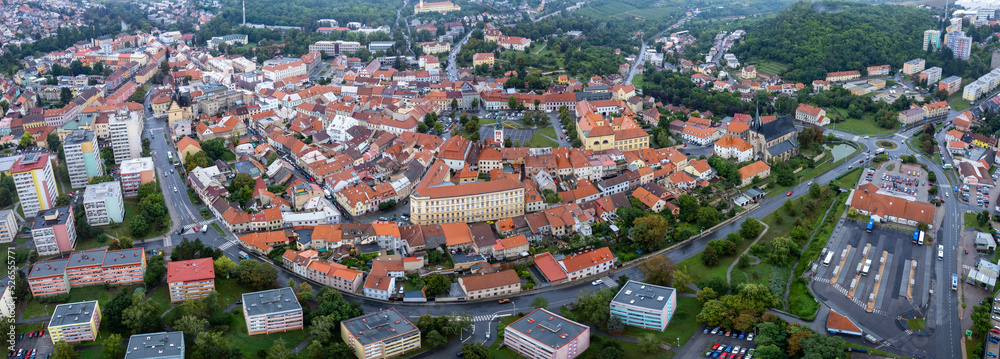 Aerial view of the city Slany in the czech Republic on a rainy summer day.