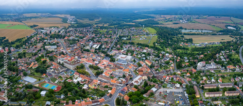 Aerial view of the city Nové Strašeci in the czech Republic on a rainy summer day. © GDMpro S.R.O