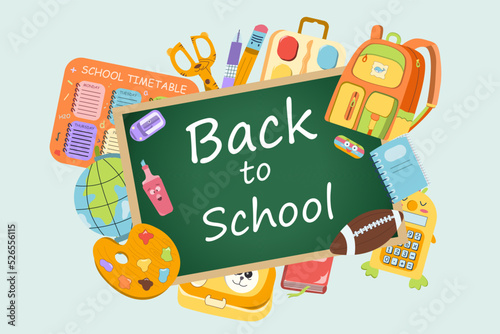 Back to school background with supplies. Colorful vector illustration