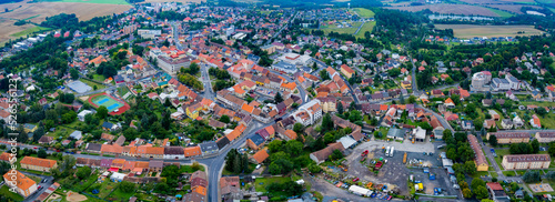 Aerial view around the city Nové Strašeci in the czech Republic on a cloudy summer day.