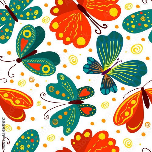 vector seamless cute gentle butterfly pattern with tropical flowers, leaves. spring summer mood. colorful, romantic print. hand drawn design.