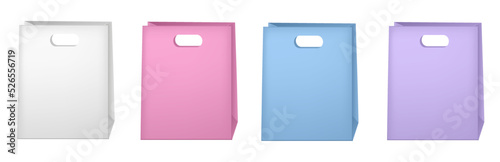 Set of colorful empty shopping bags isolated in white. Vector illustration. White, pink, blue and purple paper bags. Birthday present, gift box
