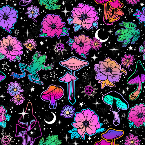 beautiful magical pattern of flowers, mushrooms and frogs