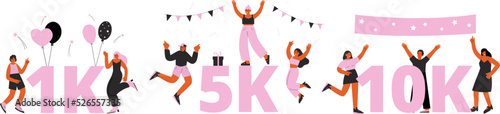 Celebrate numbers of subscribers. Happy people on party, 1k and 5k and 10k social media subscriber banners. Flat vector teens, young adults celebrating more followers