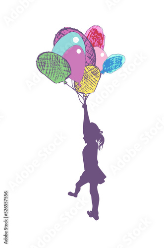 Silhouette of a girl flying in balloons. Vector illustration. Happy birthday.