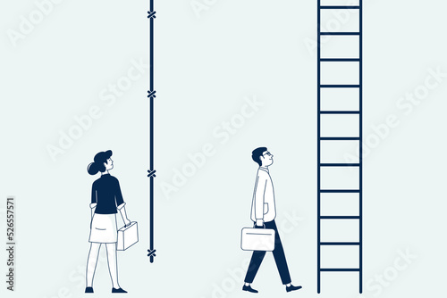 Gender gap, missing equality between woman and man on work. Career, business discrimination concept. Inequality wage and relations recent vector scene
