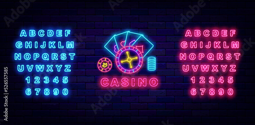 Casino neon logotype. Shiny blue and pink alphabet. Internet gambling game. Vector stock illustration