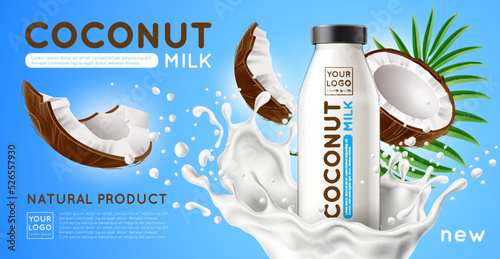 Coconut milk poster. Dairy product advertising banner template, blank transparent glass bottle, milkshake packaging, splashes and nut pieces, healthy food and drink, utter vector concept