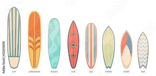 Color surfboards set. Patterned different boards for cutting through waves, summer beach activities items, sea sport front view equipment. Longboard and hybrid nowaday vector isolated set photo