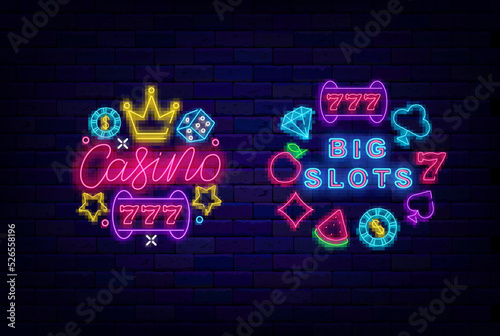 Casino neon signs collection. Circle layout template with line icons. Big slots logotype. Vector stock illustration