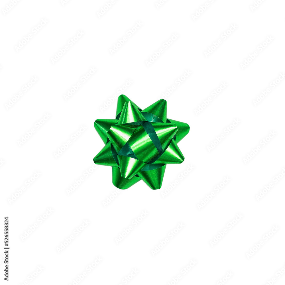 Obraz premium Green paper holiday bow over white isolated background. Single object. Mockup. Top view. Decoration for present.