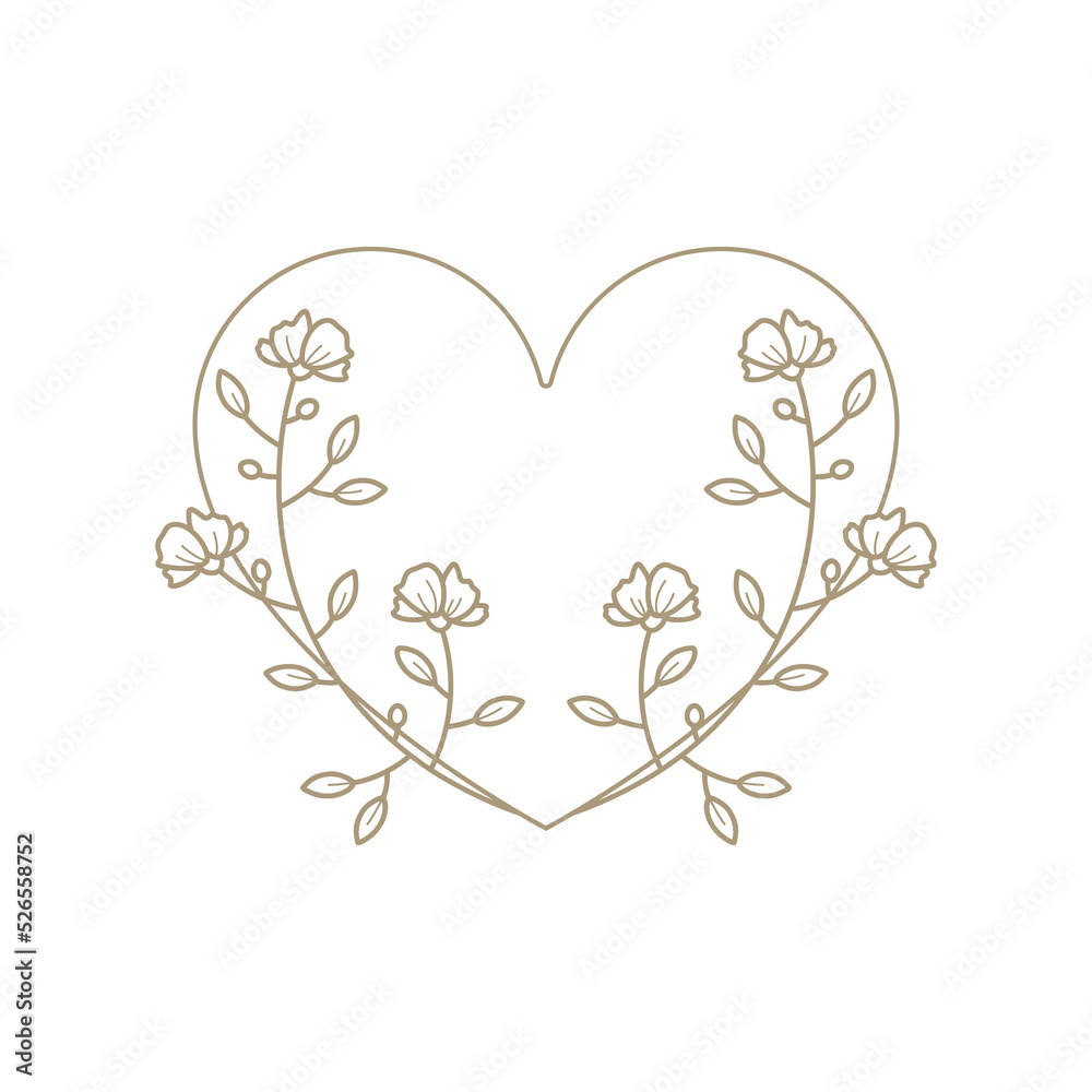 Heart with flowers and leaves. Abstract logo template in linear minimal style. Vector illustration for icon logo sticker printable and tattoo